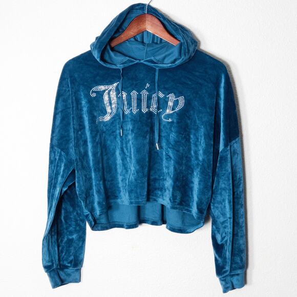 Juicy Couture Tops - Juicy Couture Velour Cropped Hoodie Blue XL Y2K Bling Indie Sleaze